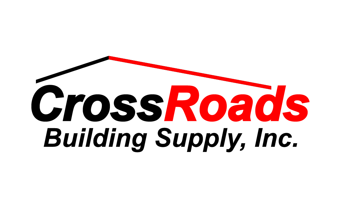 The logo for crossroads building supply , inc. is red and black with a red roof.