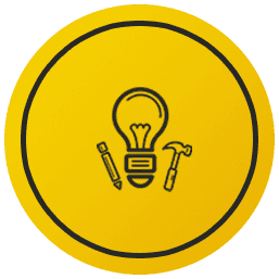 A yellow circle with a light bulb pencil and hammer in it
