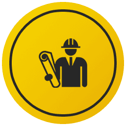 A construction worker is holding a roll of paper in a yellow circle.