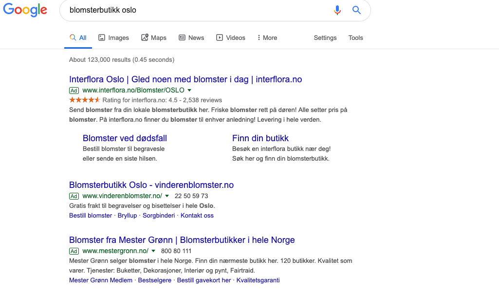 Skjermbilde av Google-søket