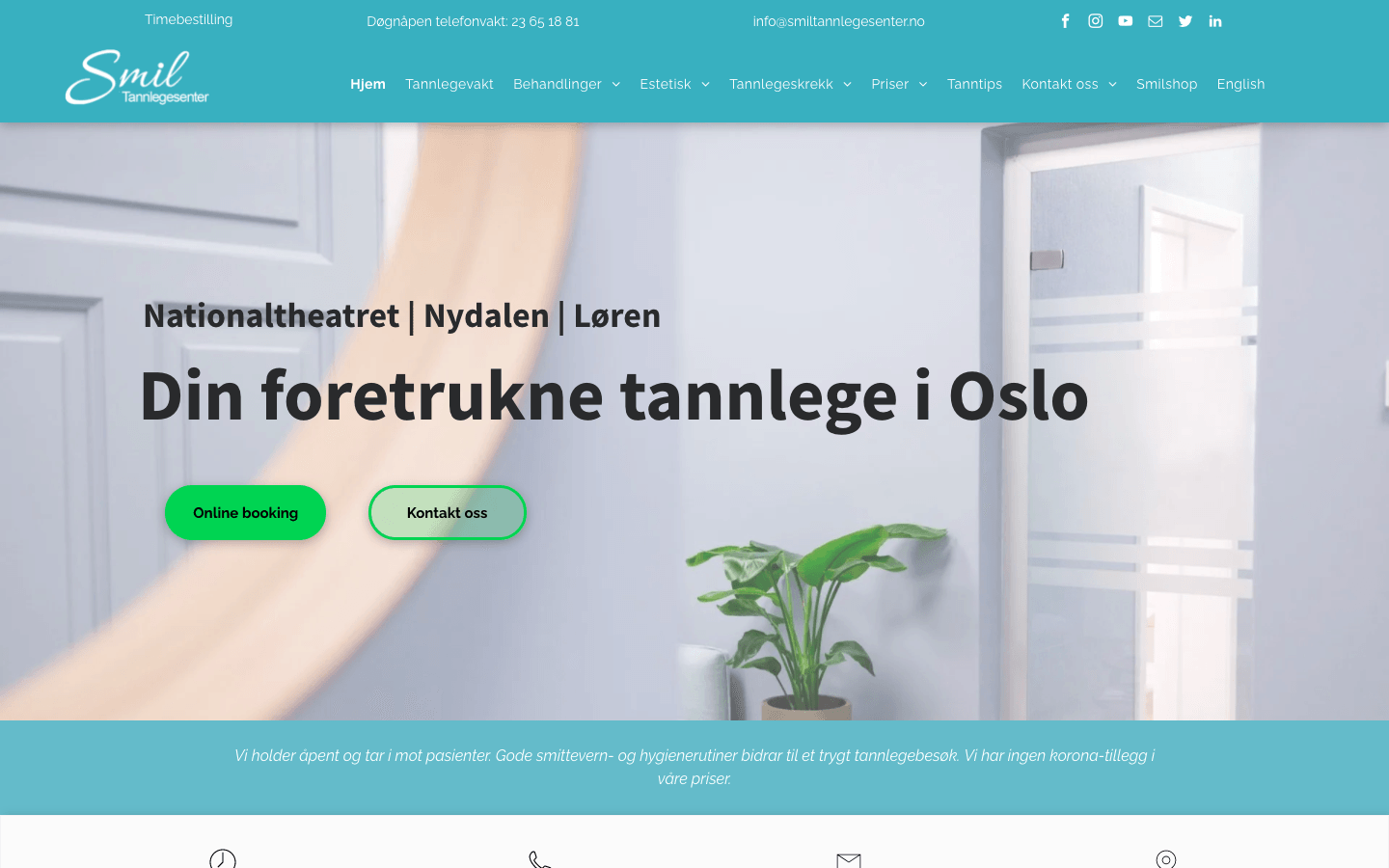 Skjermbilde av Smil tannlegesenter sin nye hjemmeside laget av Oase Media