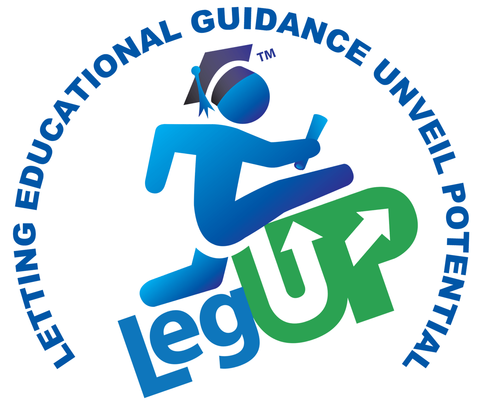 Blue figure with mortarboard leaping over “Leg Up” with upward arrows. Text: 