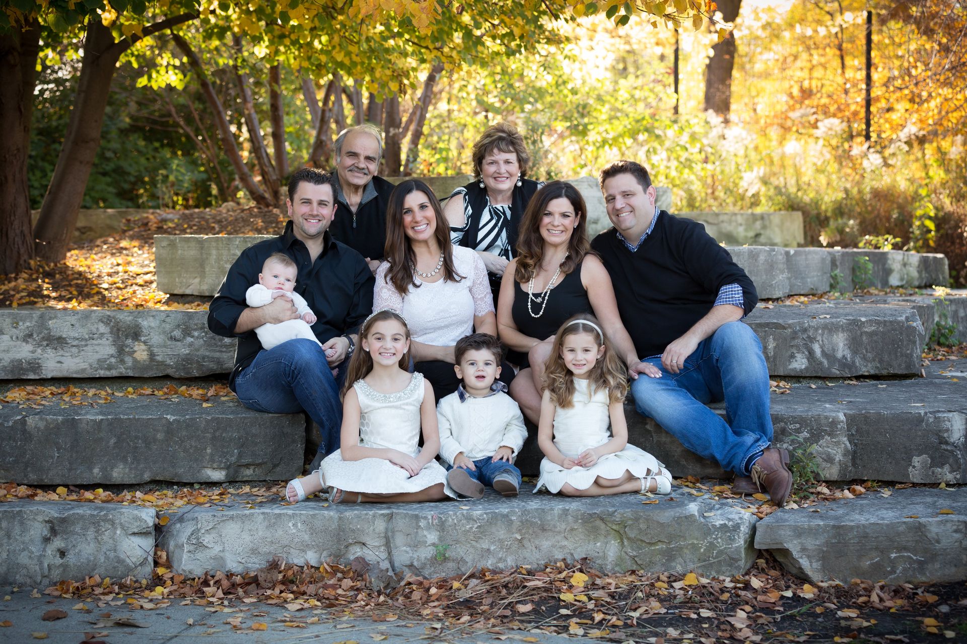 A large family is posing for a picture while sitting on concrete steps.