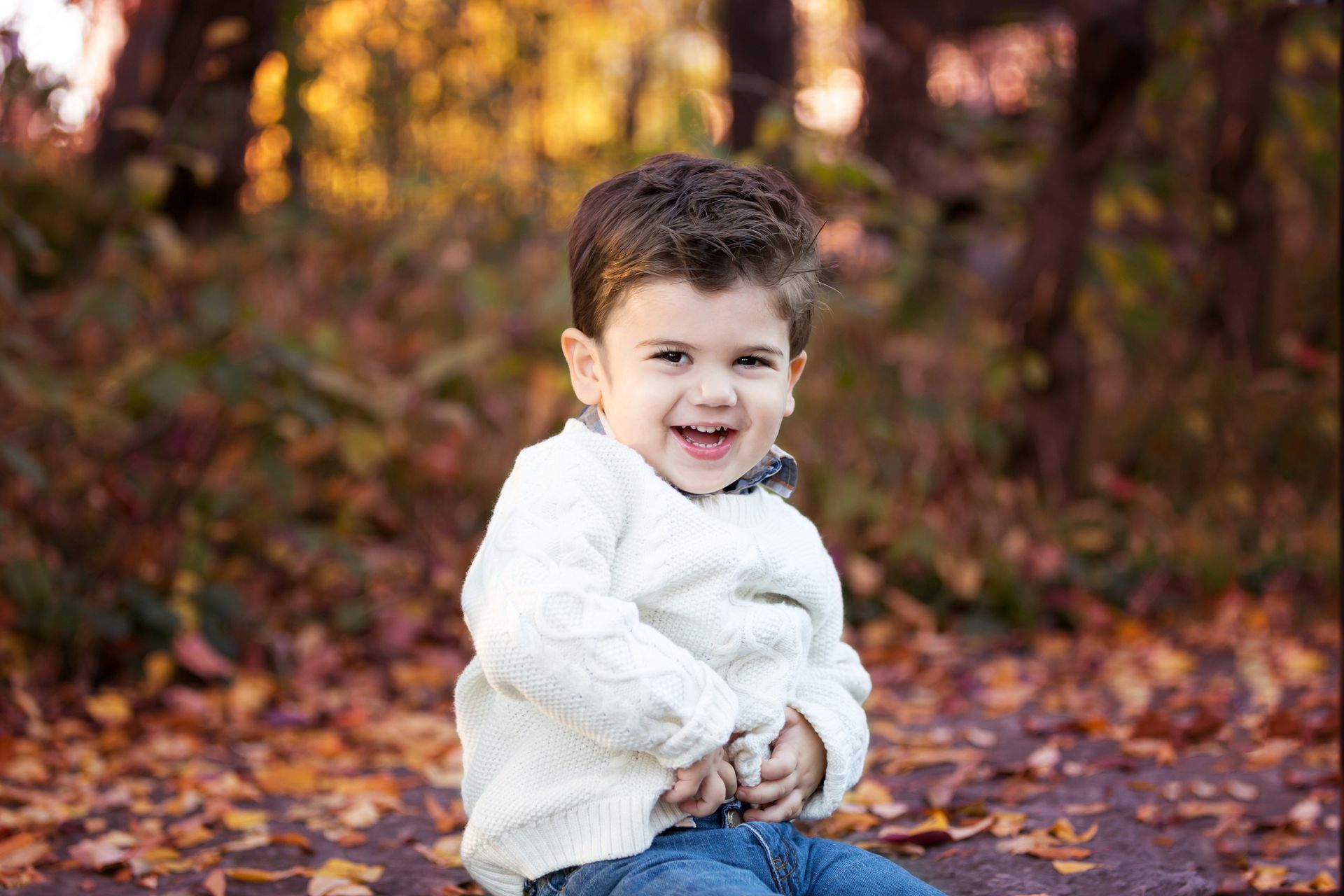 A little boy is sitting in the leaves in the woods.