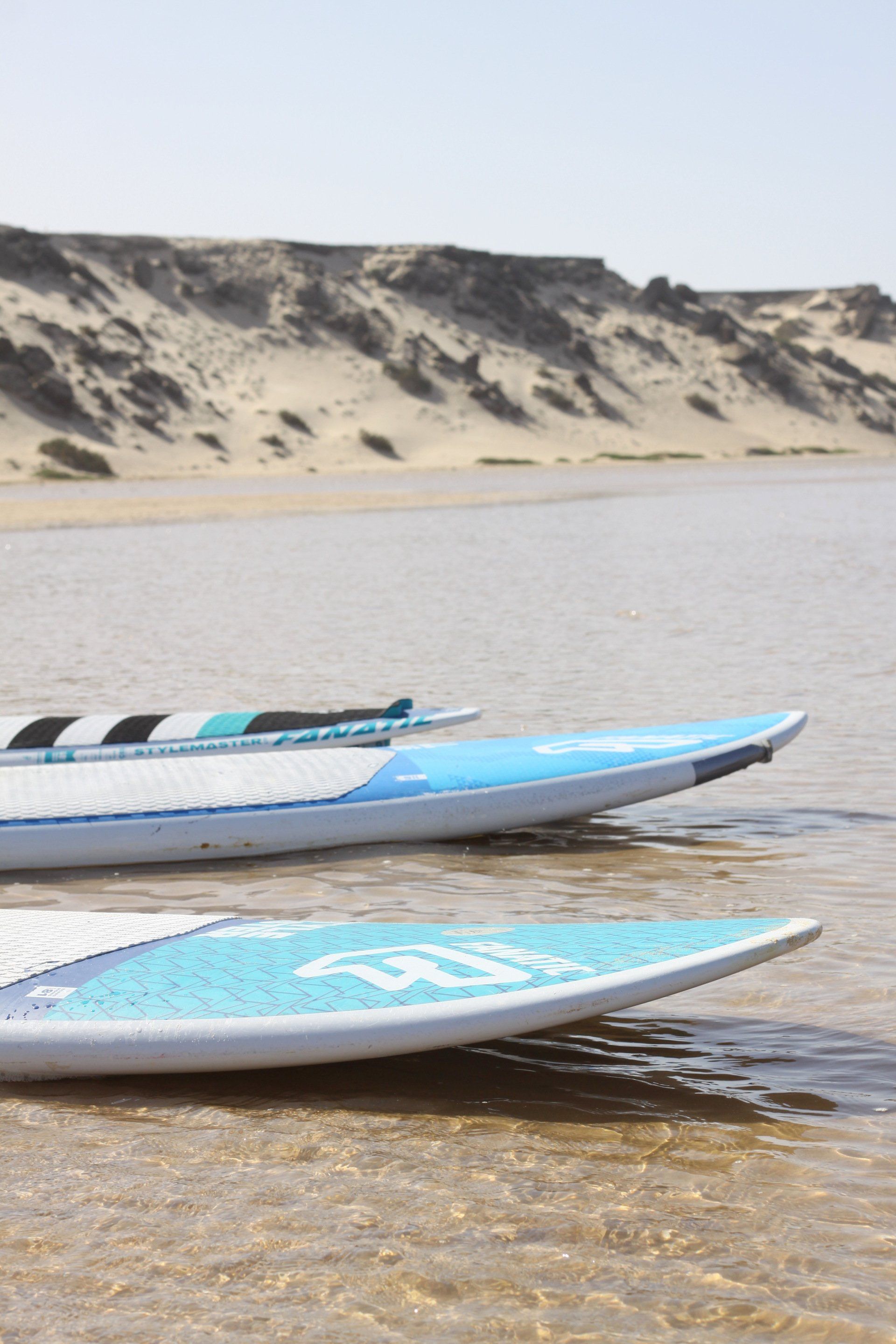 Deux planches de surf sont assises dans l'eau près de la plage