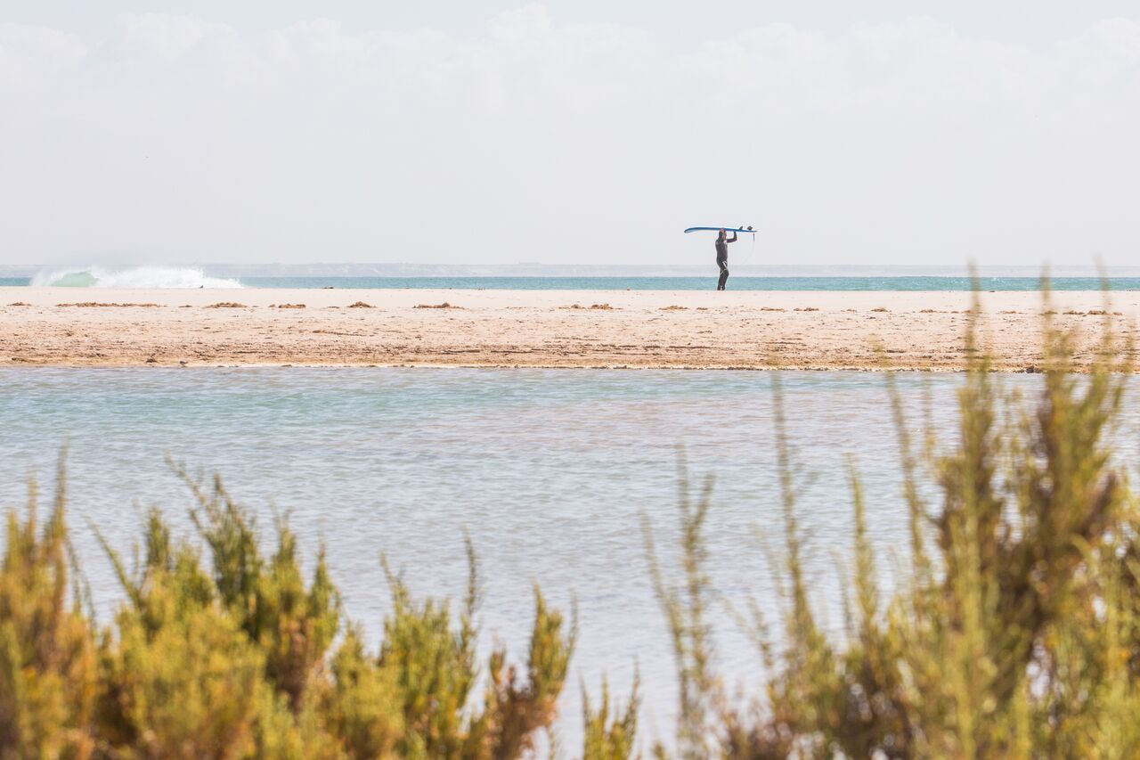 Une personne se tient debout sur une plage de sable à côté d'un plan d'eau.