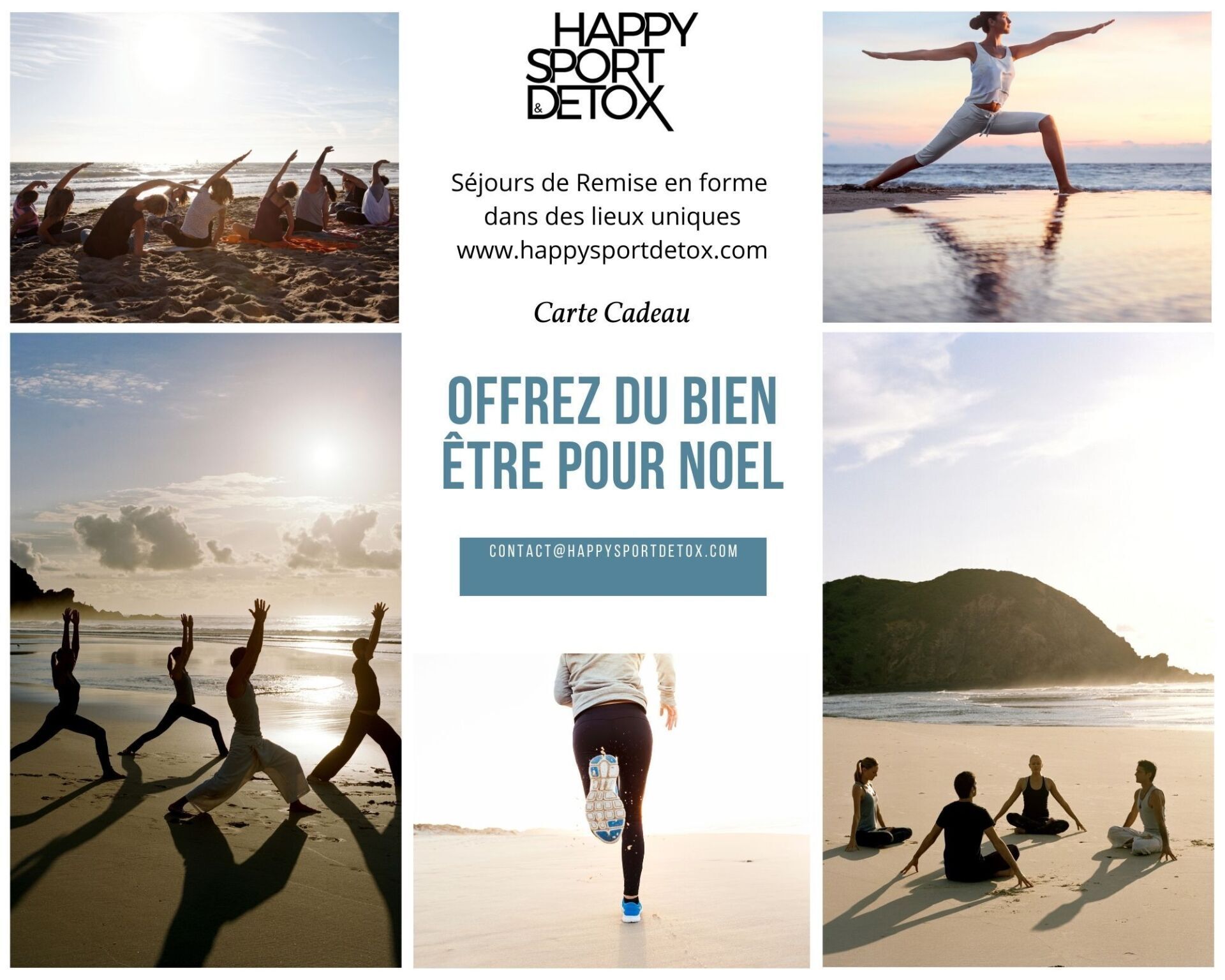 Un collage de photos de personnes faisant du yoga sur la plage