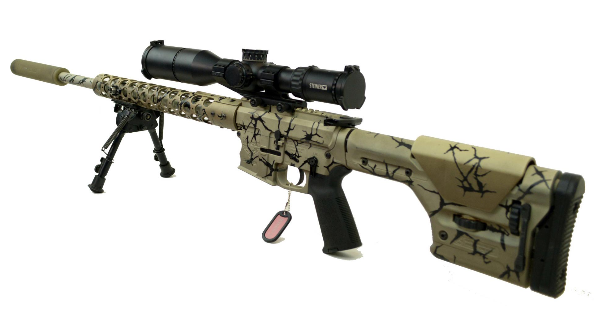 Tan and black camouflage sniper rifle with scope, bipod, and suppressor.