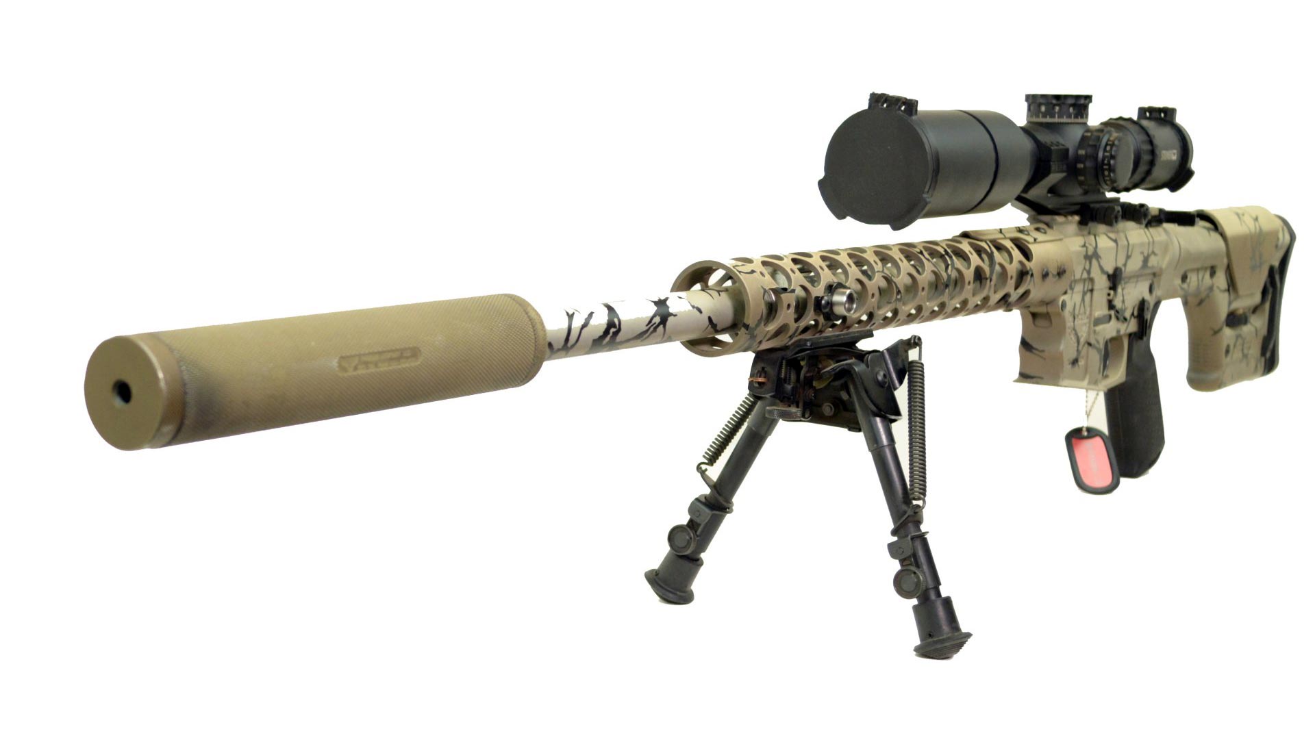 Desert-camouflaged sniper rifle with bipod, scope, and suppressor, against a white background.