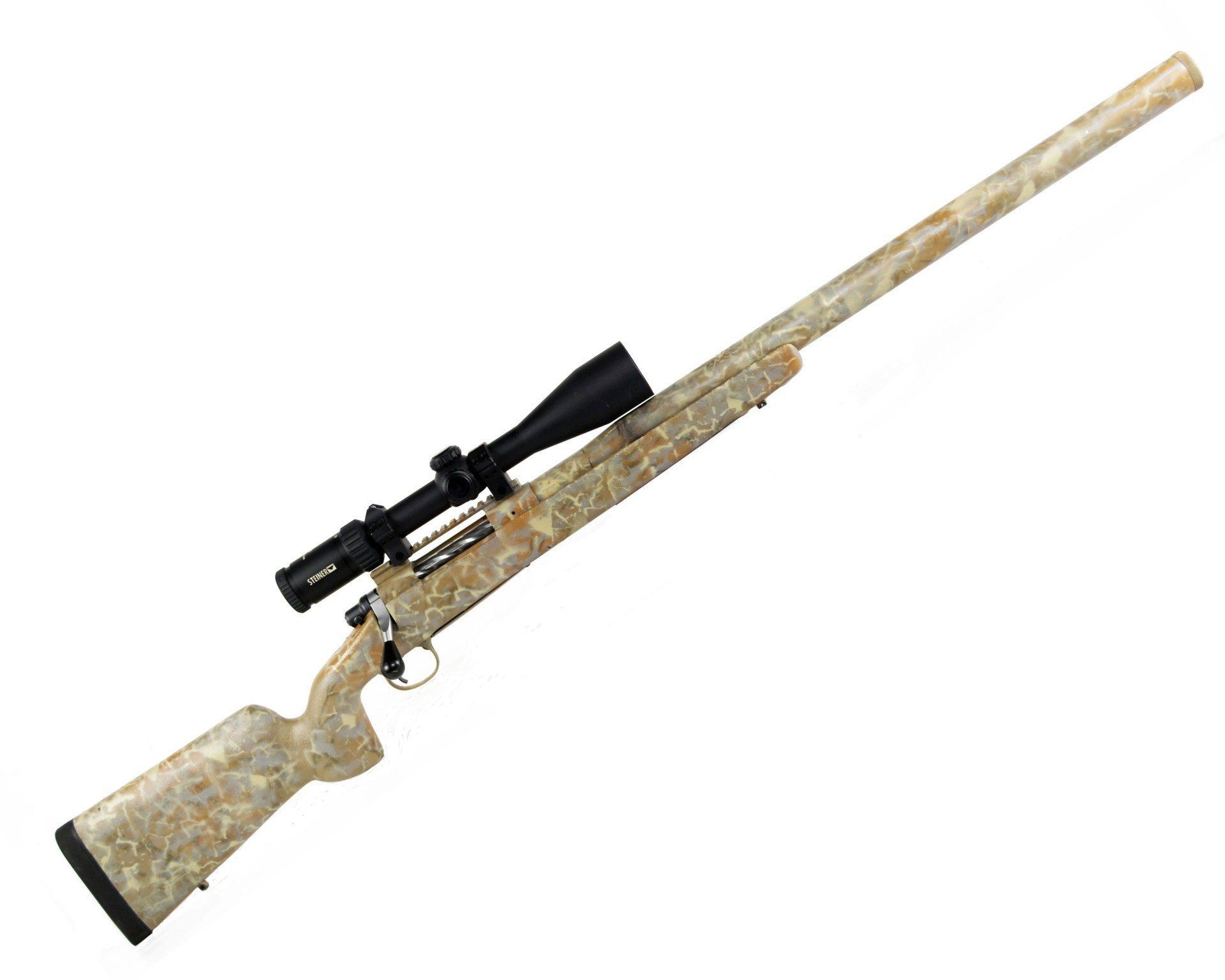A rifle with a scope, tan camouflage pattern, against a white background.