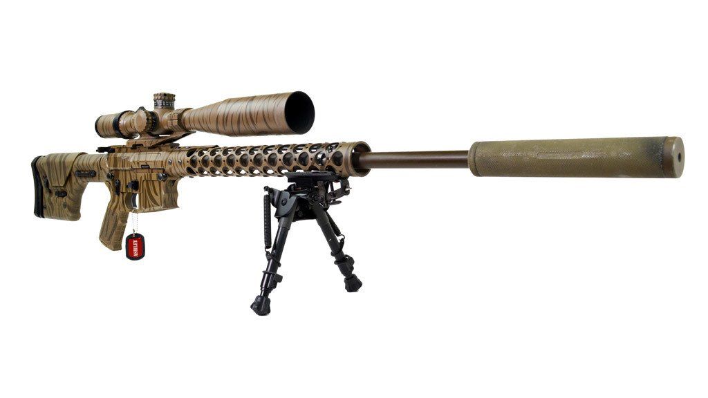 Tan camouflaged sniper rifle with scope, bipod, and silencer.