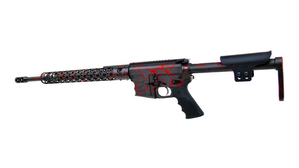 Black and red patterned rifle on a white background.