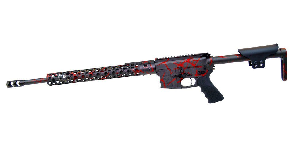 AR-15 style rifle with a red and black pattern on a white background.