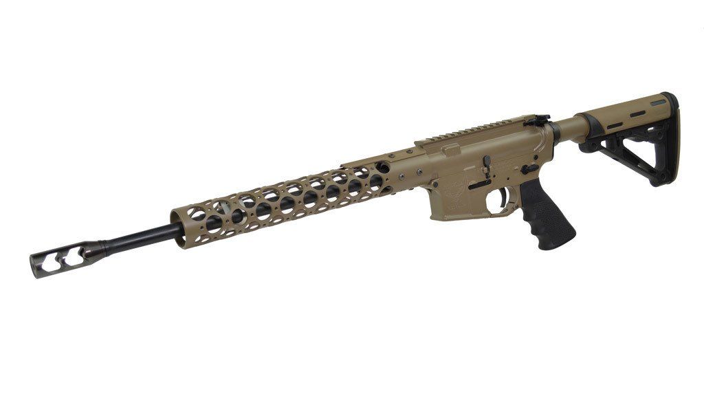 Tan AR-15 style rifle with a black barrel and grip, on a white background.