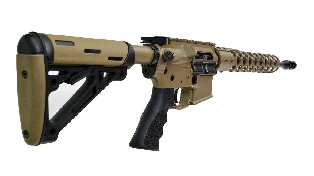 Tan and black AR-15-style rifle with a collapsable stock and spiral handguard.