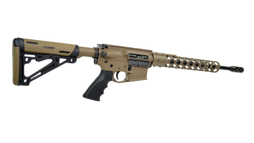 Tan and black AR-15 style rifle with a black grip, stock, and handguard.