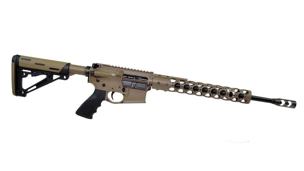 Tan and black AR-15 style rifle with a black grip, barrel, and stock against a white background.