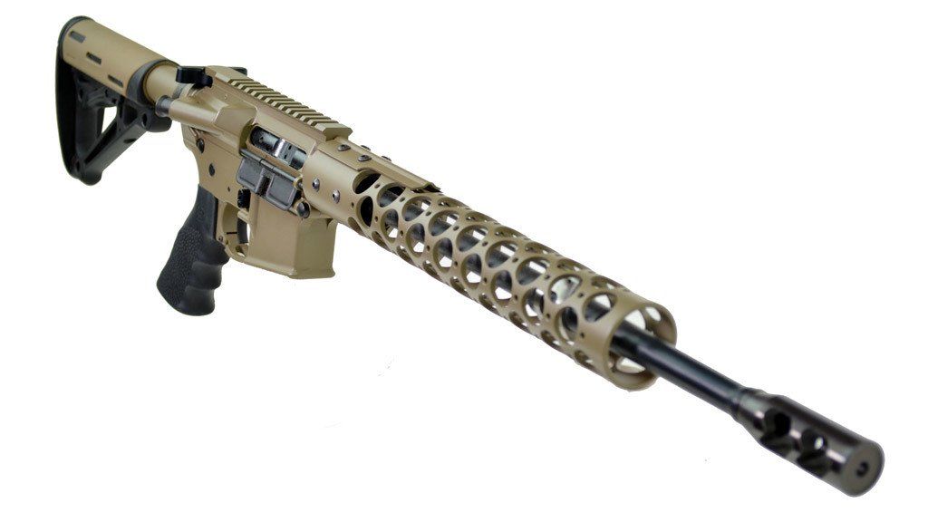 Tan and black rifle with a honeycomb-patterned handguard, angled on a white background.