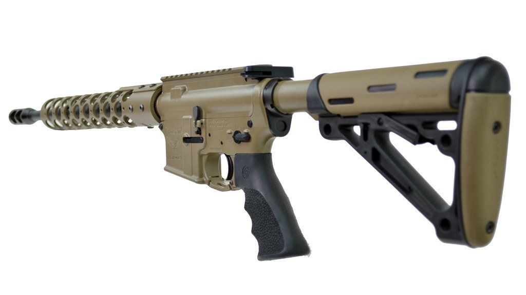 Tan and black AR-15-style rifle with a spiral handguard and adjustable stock, against a white background.