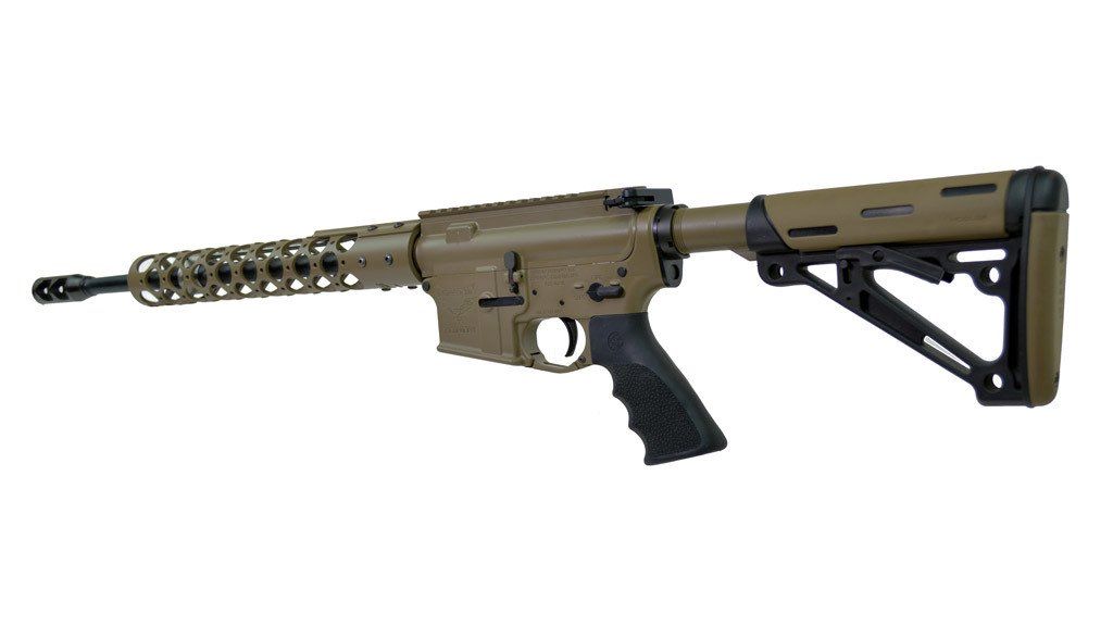 Tan and black AR-15-style rifle with a spiral handguard and adjustable stock, against a white background.