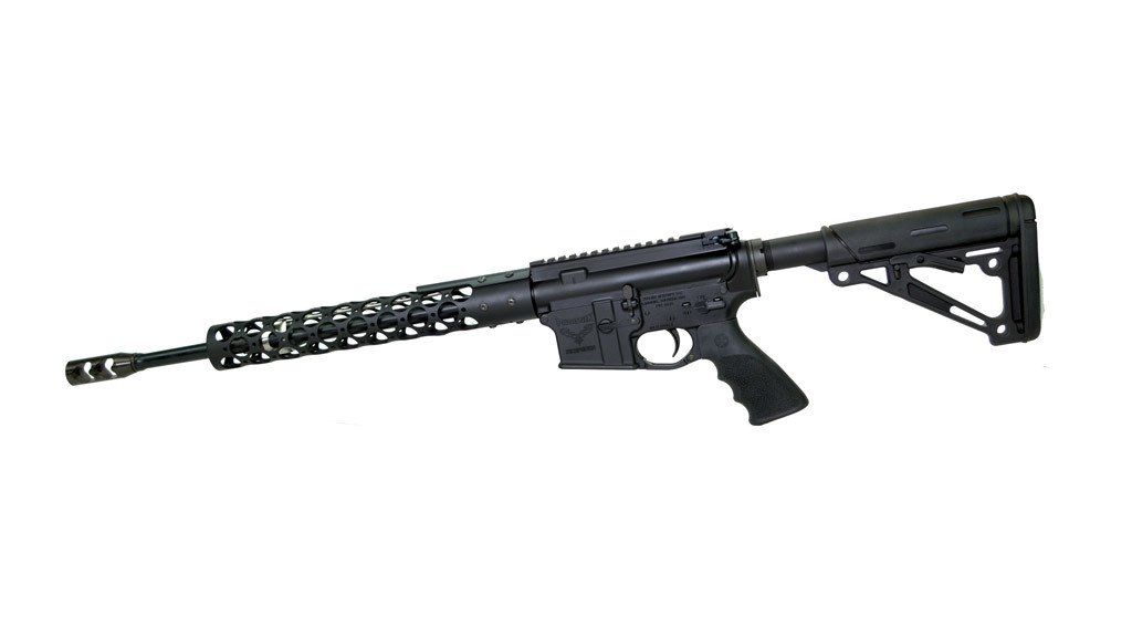 Black AR-15 style rifle with a black barrel and stock.