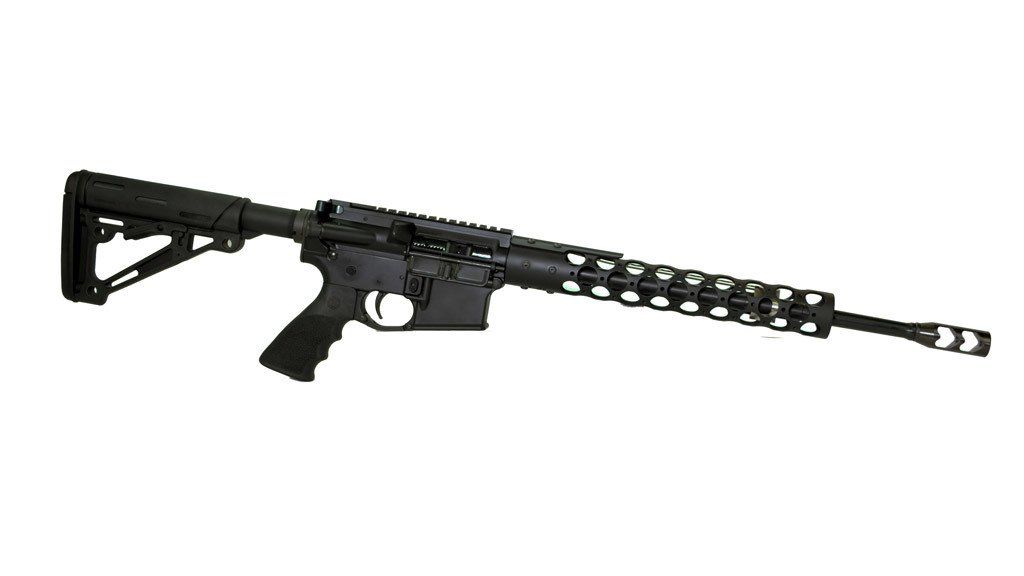 Black AR-15 style rifle with a black stock and a perforated handguard.