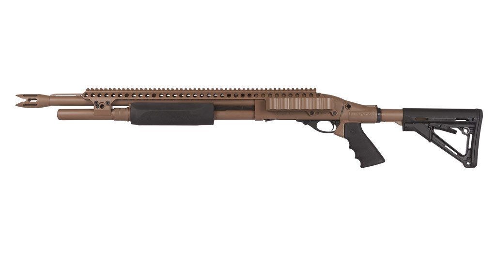 Tan pump-action shotgun with black forend, pistol grip, and adjustable stock, against a white background.