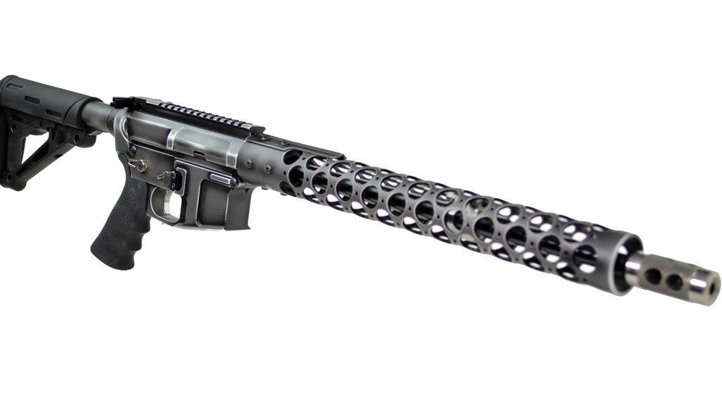Black and silver rifle with a cage-like handguard, visible magazine, and angled stock.