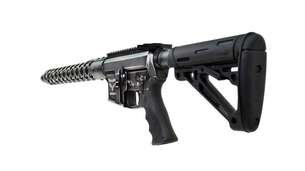 Black and silver rifle with a textured handguard, pistol grip, and adjustable stock, on white.