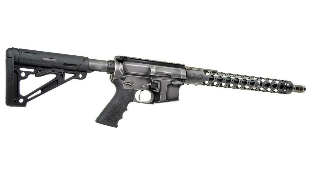 Black and gray rifle with a tactical stock and a perforated handguard.