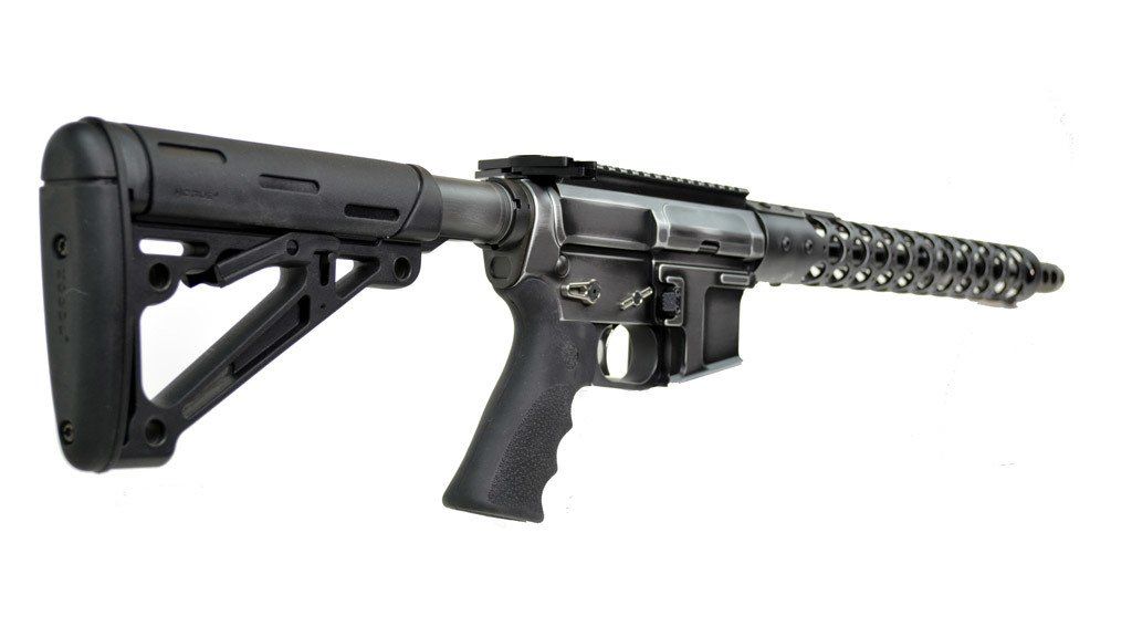 Black and silver rifle with a spiral-shaped barrel. Features a black stock and grip.