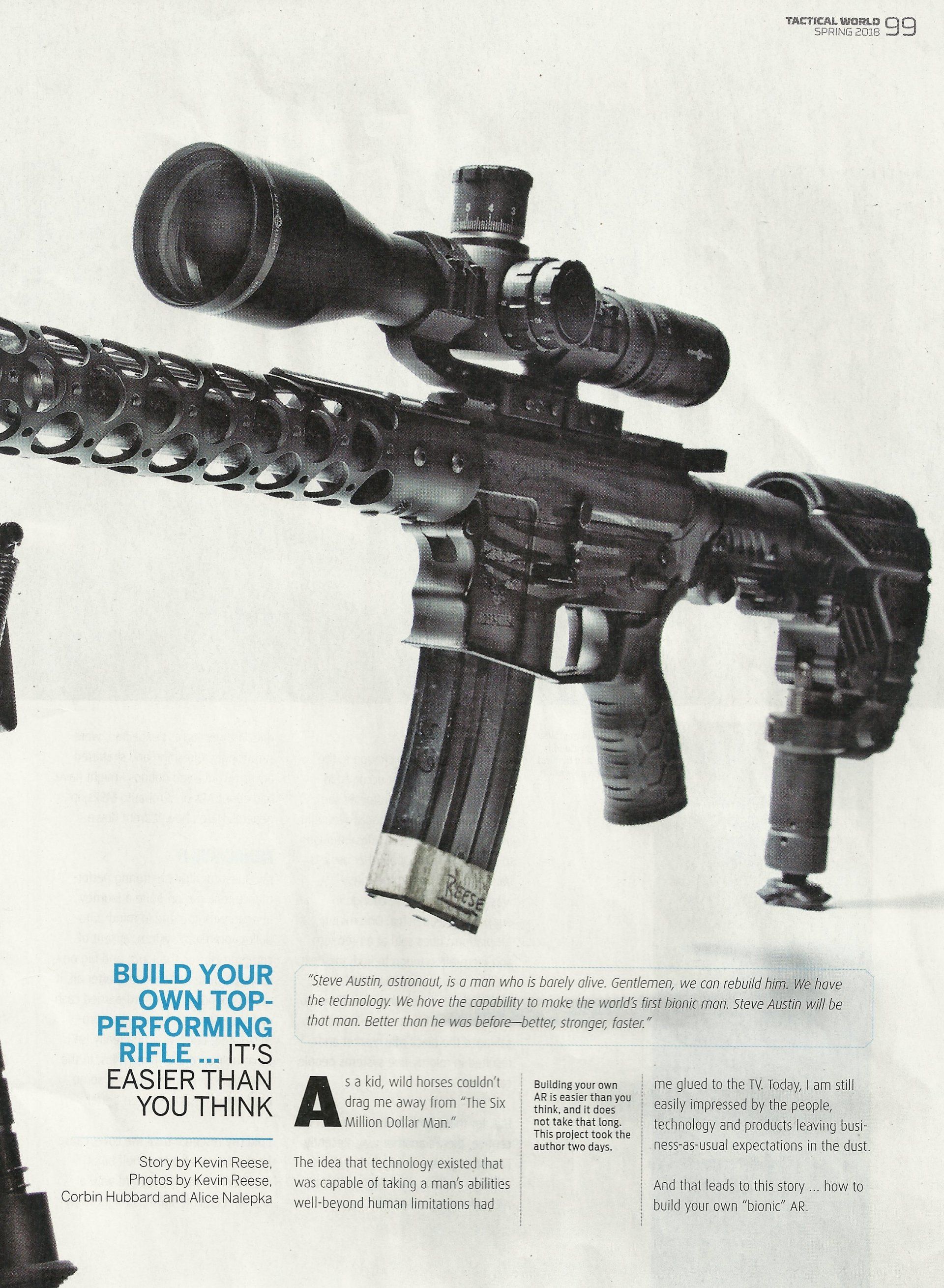 Black rifle with scope and magazine. Text below reads: 