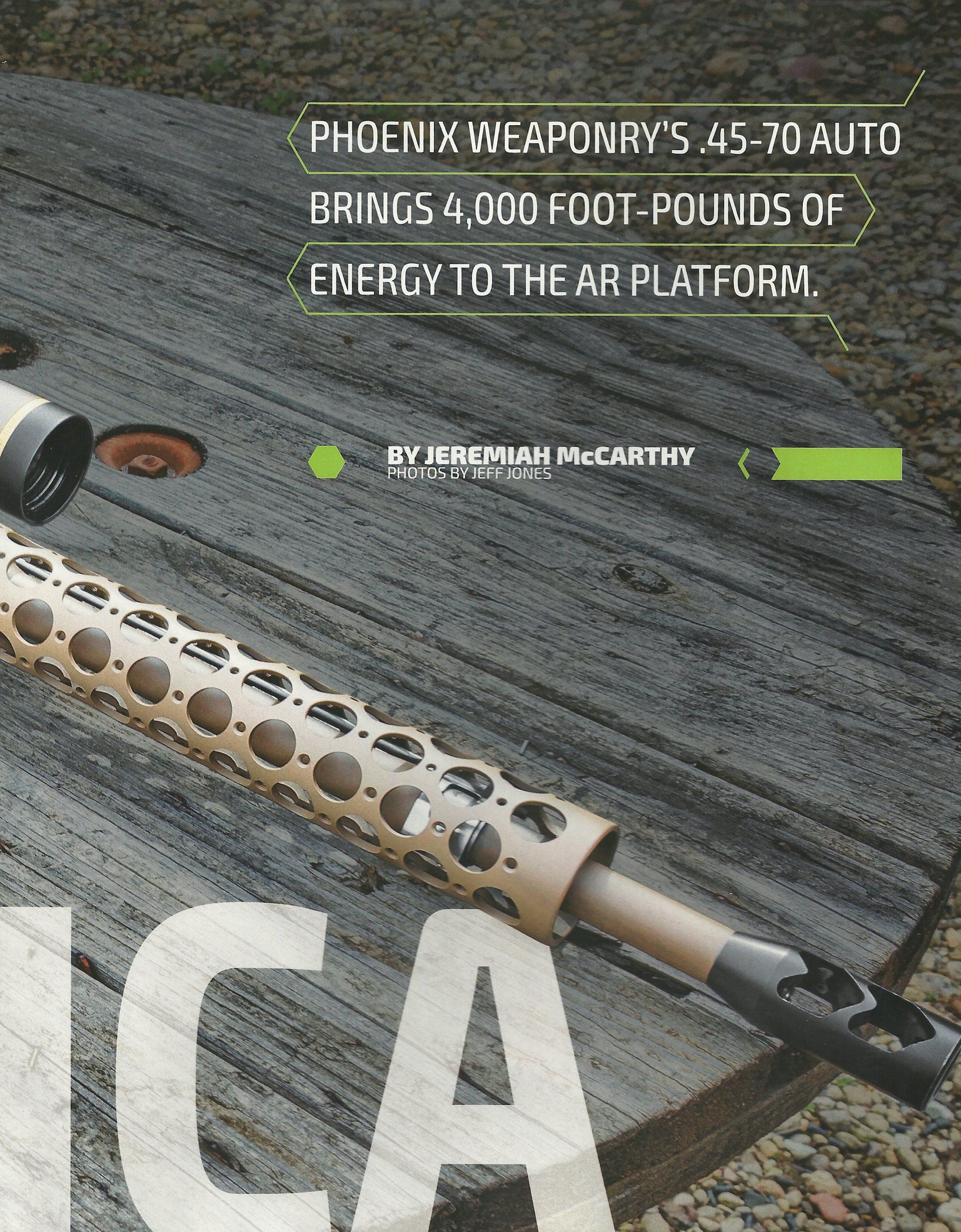 A rifle with a perforated barrel on a wooden surface. Text highlights the weapon's energy.