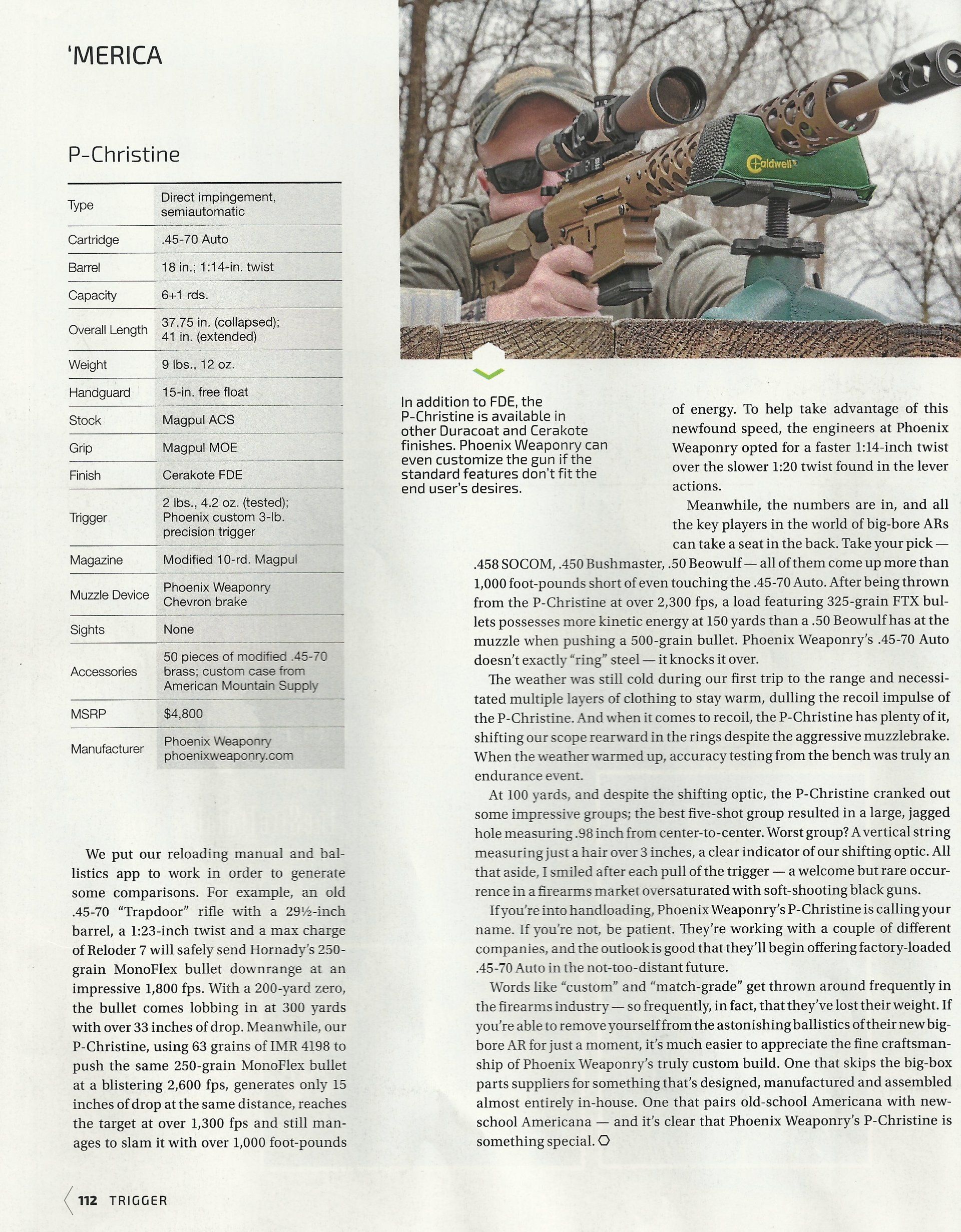Sniper aiming rifle on a rest; text lists rifle specs, user is outdoors.