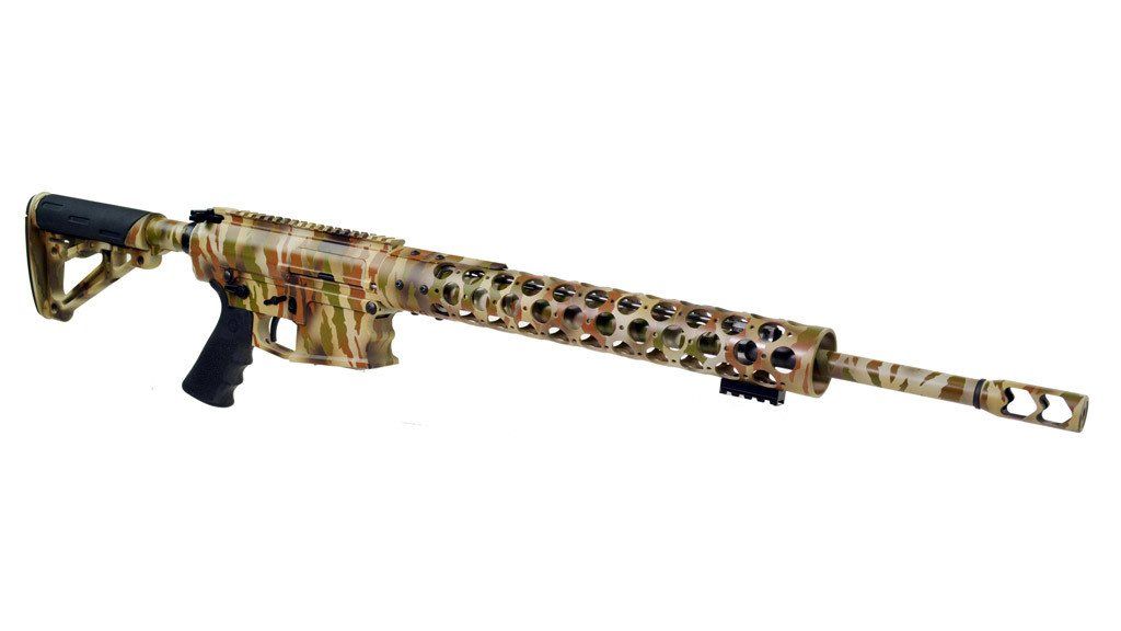 Camouflaged rifle with a skeletal design.