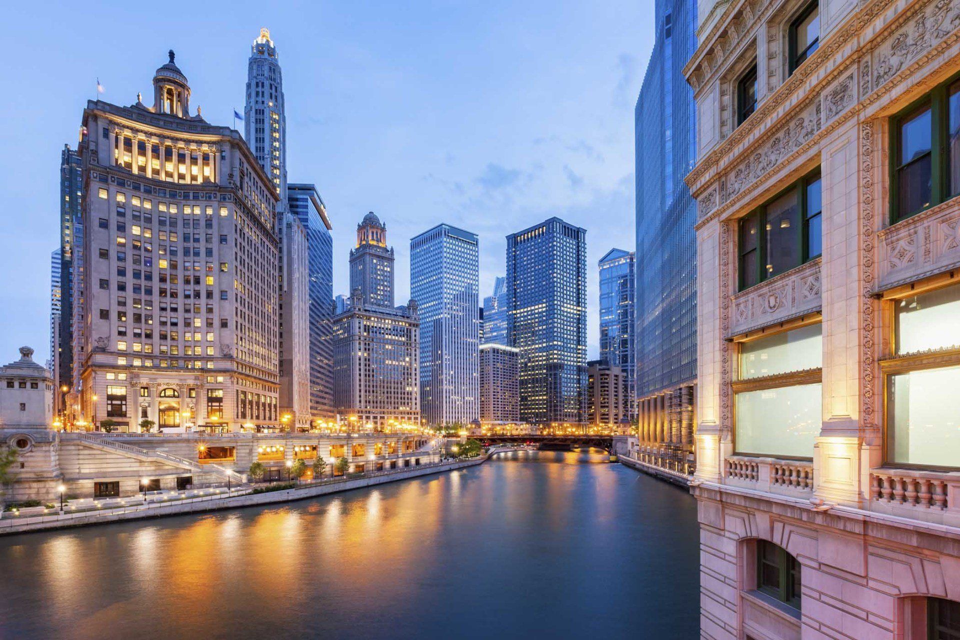 Stock photograph of the Cityscape of Chicago, The Loop area office buildings and the Chicago River.