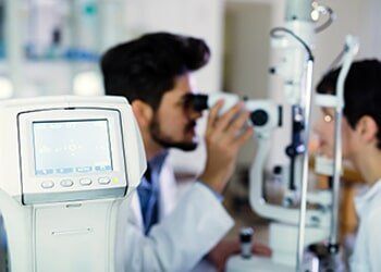 Optometrist examining patient in modern ophthalmology clinic — eye exams in Yorktown, VA Optometrist examining patient in modern ophthalmology clinic — eye exams in Yorktown, VA