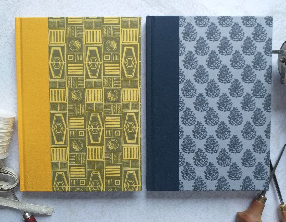 Lino cut bookbinding bookcloth handmade Clare Dales Sussex