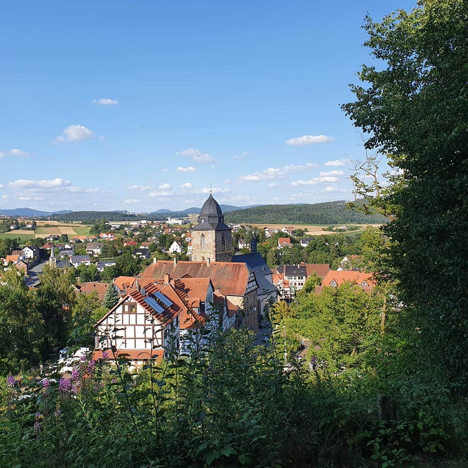 Stadsgezicht met een kerktoren, rode pannendaken, vakwerkgebouwen en groene bomen onder een blauwe hemel.