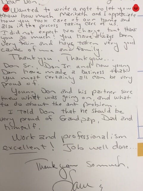 Written Testimonial From Client — Pest Control in Uniontown, PA