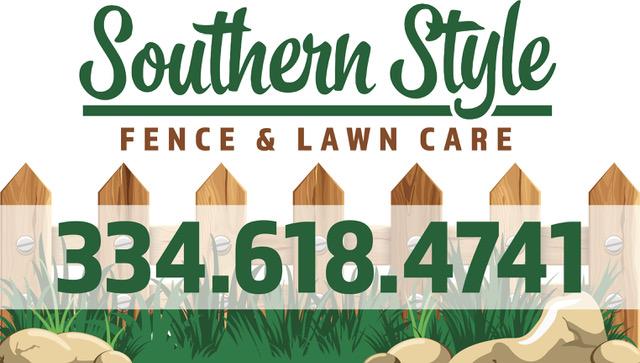 Southern Style Fence & Lawn Care logo with phone number: 334.618.4741. Features fence, grass, and a green and white logo.