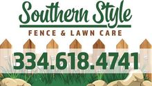 Southern Style Fence & Lawn Care logo with phone number: 334.618.4741. Features fence, grass, and a green and white logo.