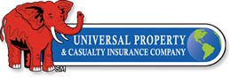 The logo for Universal Property & Casualty Insurance Company features a red elephant next to a blue oval with a globe.
