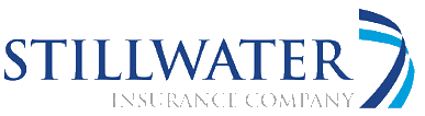 Logo for Stillwater Insurance Company with dark blue text and a stylized, multi-colored blue abstract wave graphic.