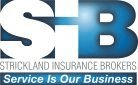 Logo for Strickland Insurance Brokers with white text on a blue background, featuring the slogan 