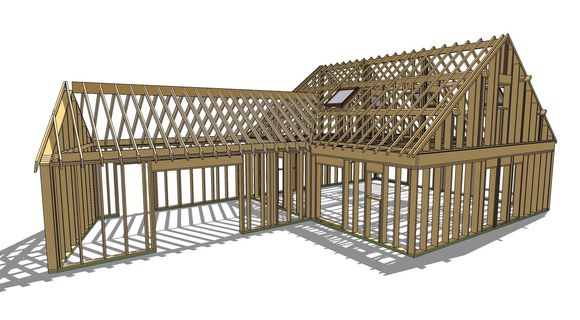 Vue 3D ossature bois charpente maison 2 volumes