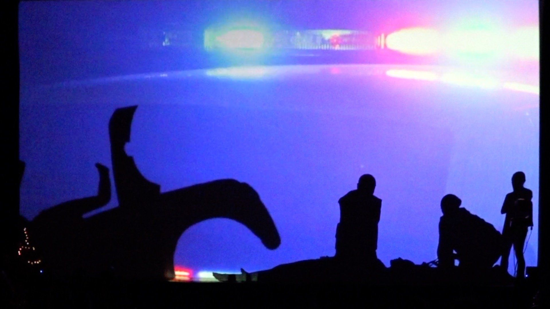 Silhouetted people beside a car with flashing red and blue police lights at night
