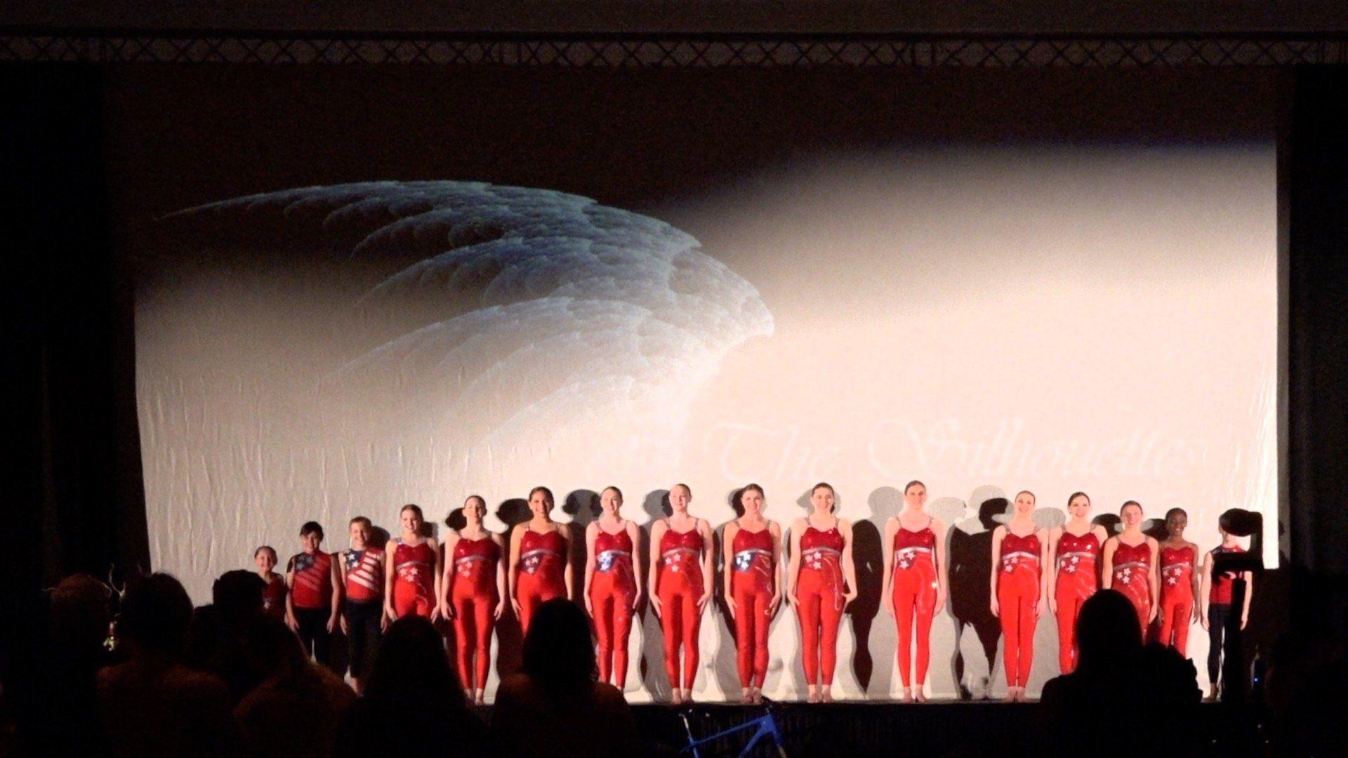 Performers in red outfits stand in a row on a stage under bright lights.