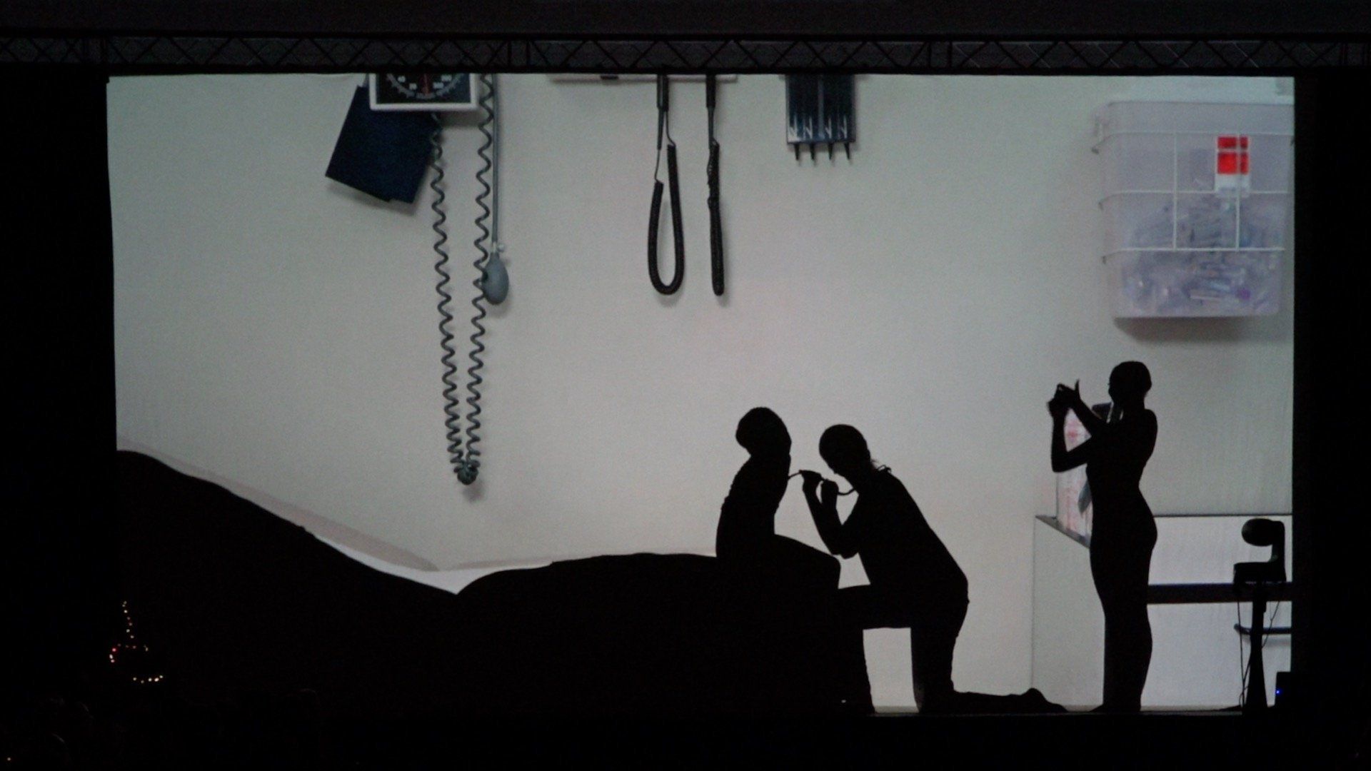 Silhouettes of people in a gym, with one lifting another and another filming near wall-mounted equipment.