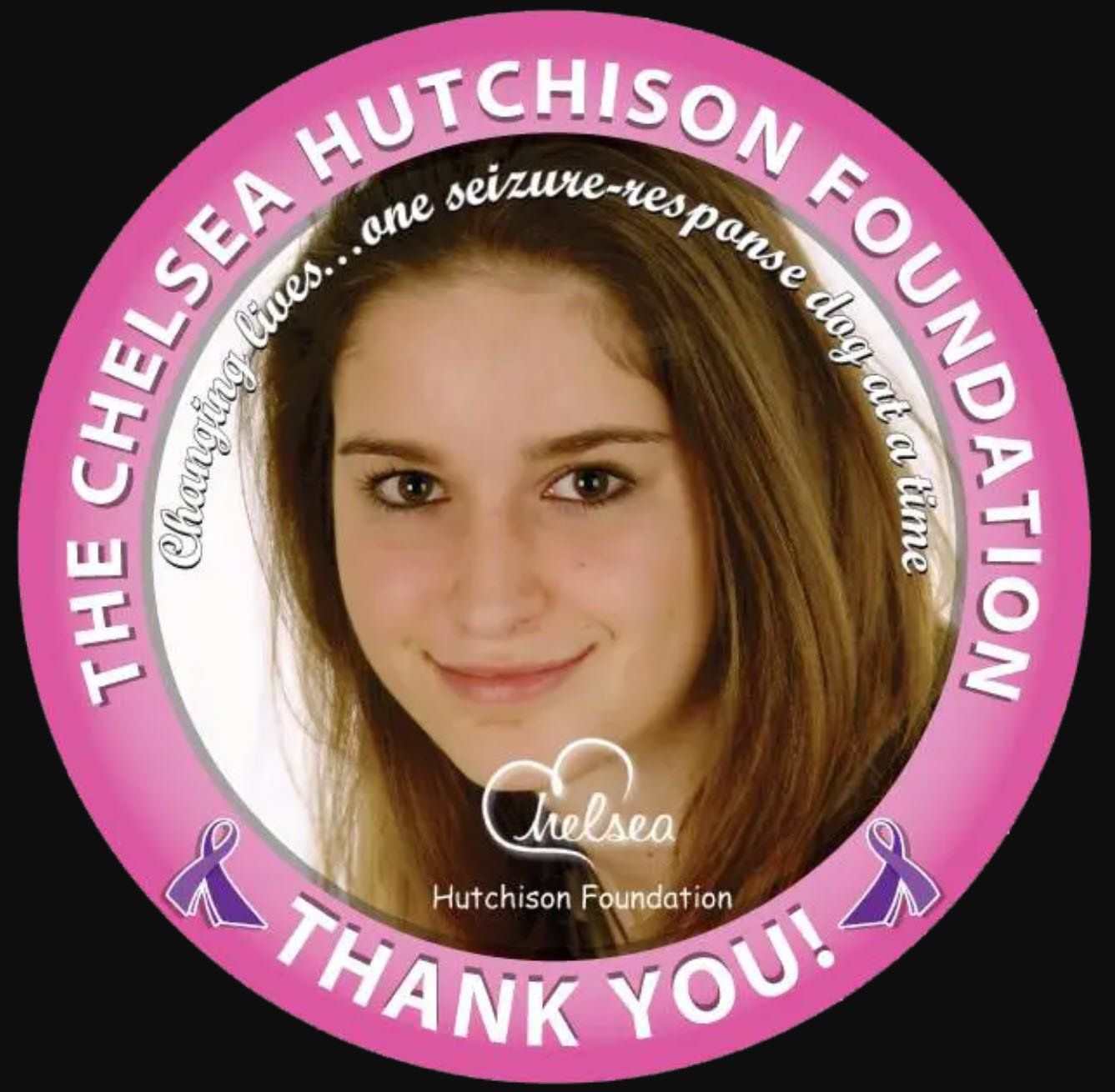 Chelsea Hutchison Foundation circular tribute badge with a young woman’s portrait and “Thank You” text in pink and white